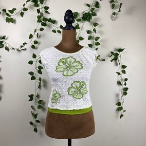 Vintage y2k IZ Byer California baby tee sequins white, green ruffle floral fairy